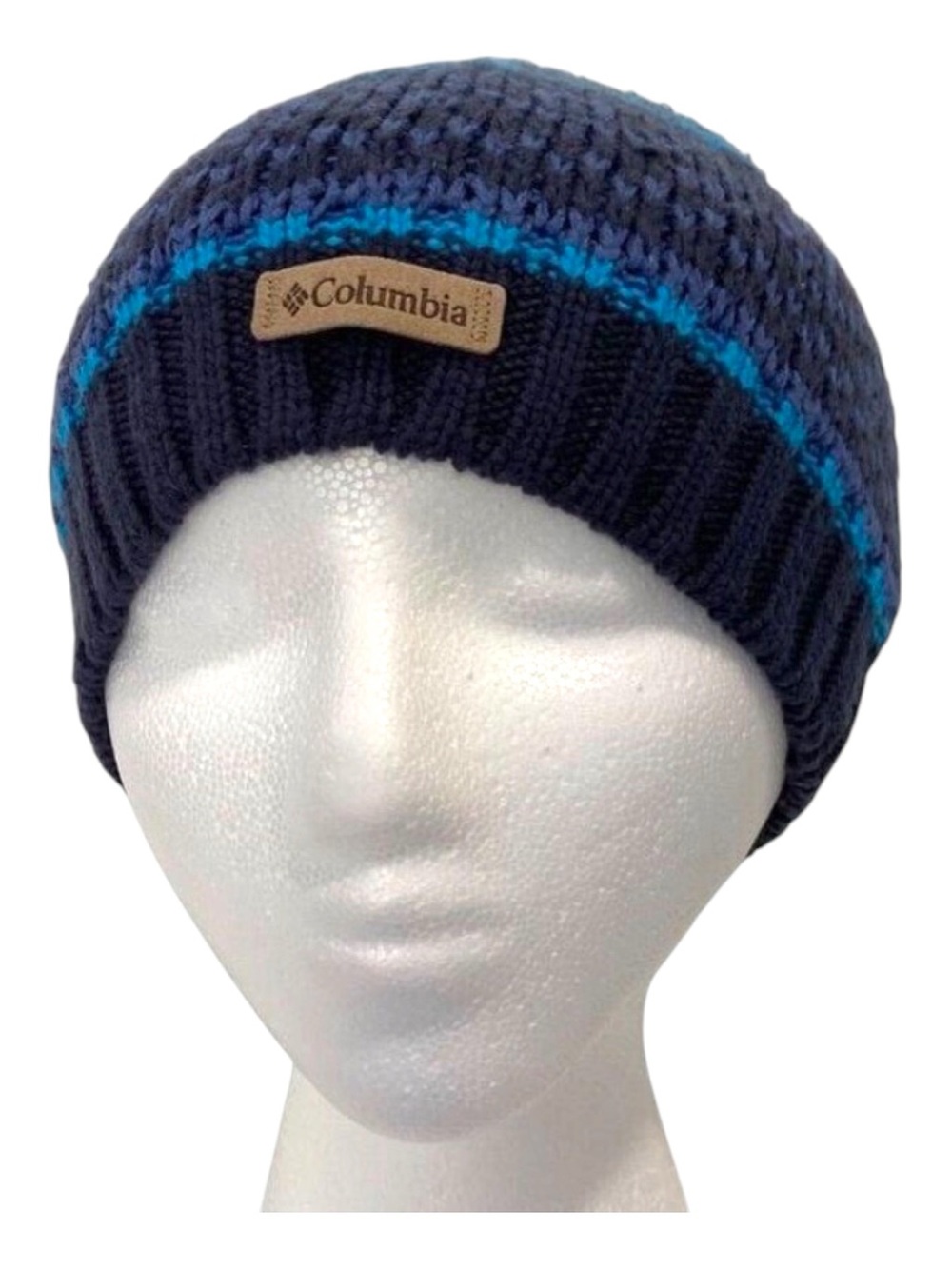 Columbia Striped Knit Beanie Cap Hat For Men & Women unisex blue tones cerulean